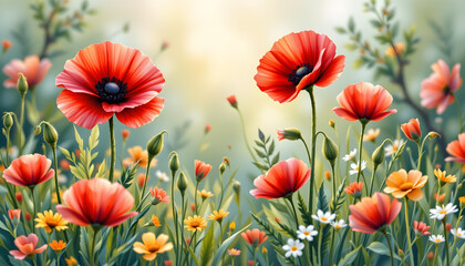 Fototapeta premium Watercolor Poppy Vignette Textured Paper with Cozy Atmosphere