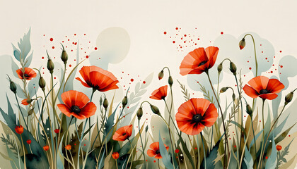 Obraz premium Watercolor Poppies Cozy Meadow Scene