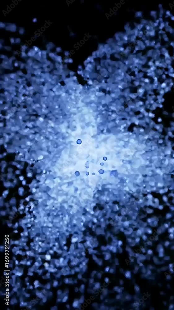 Poster scientific visualization of abstract blue particles clustering in a microscopic molecular formation 