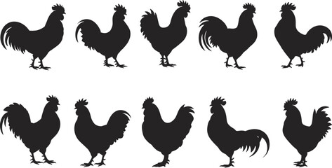 Rooster silhouette set, farm bird illustrations, black chicken icons, poultry animal vector, rooster collection, rural livestock, bird shapes