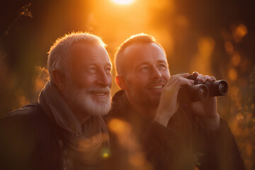Two men enjoying golden-hour birdwatching with binoculars in a warm sunset — peaceful outdoor hobby capturing companionship and nature at dusk