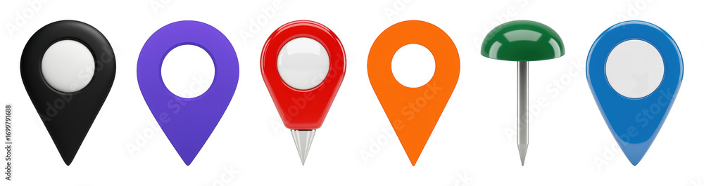 Fototapete map marker set including assorted colorful pointers and a pushpin isolated. digital navigation and l