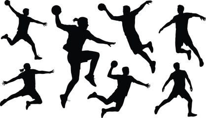 Silhouette of male and female handball players jumping, throwing ball, active sports action, dynamic movement, fitness, teamwork, athletic competition