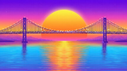 Fototapeta premium Pixel Art Sunset Cityscape with Suspension Bridge