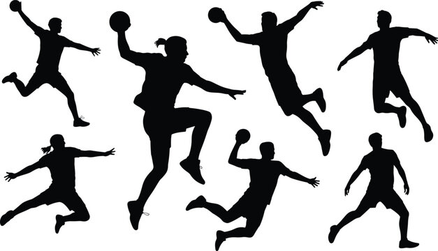 Silhouette of male and female handball players jumping, throwing ball, active sports action, dynamic movement, fitness, teamwork, athletic competition