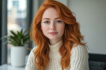 A young woman with long, vibrant red hair and freckles, wearing a cream-colored sweater, smiles softly.