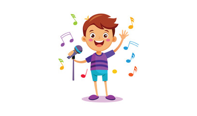 Happy young boy singing with a microphone and musical notes