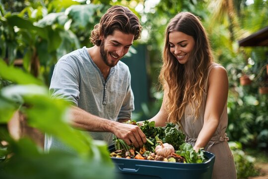 Happy couple composting food scraps in their garden, embracing sustainable living.
