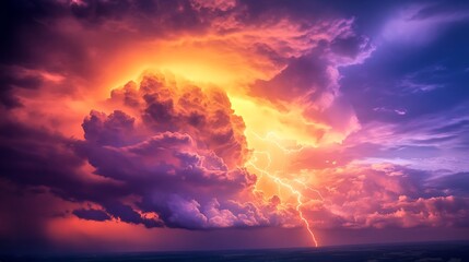 Obraz premium Dramatic Skyscape of a Thunderstorm with Lightning and Vibrant Cloud Colors