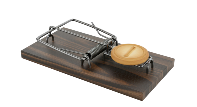 Isolated mouse trap with round bait set and armed ready to trap a mouse or rat rodents