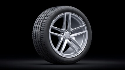 Obraz premium Silver Alloy Wheel with Tire on a Black Background, Five Spoke Design
