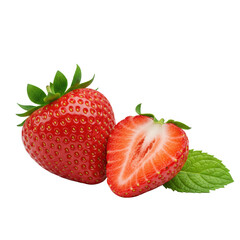 Pristine whole, halved red strawberries with succulent crimson flesh, glistening golden seeds, mint leaf on seamless transparent background, concept of tantalizing fresh fruit perfection