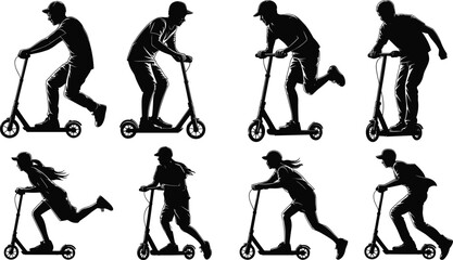 Young men and women riding kick scooters, various dynamic poses, urban outdoor activity, active lifestyle, transportation, silhouette vector illustrations