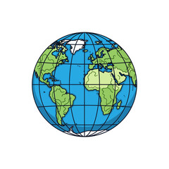 Cartoon illustration of the Earth globe showing continents and oceans with grid lines on a white background.