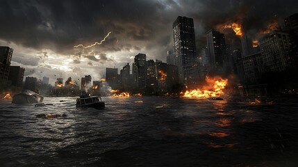 Apocalyptic Cityscape Flood, Fire, and Storm