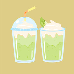 Cute greentea milk in plastic cup cartoon. Matcha theme with kiwi decoration illustration. Food and drink vector. Can be used for wallpaper, sticker, menu element