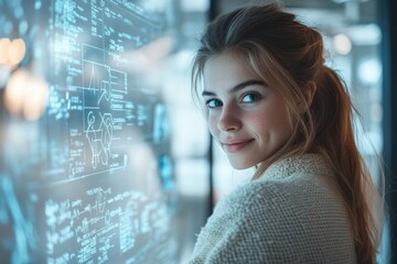 A young woman smiles over her shoulder, standing before a futuristic, translucent screen displaying complex data and diagrams.