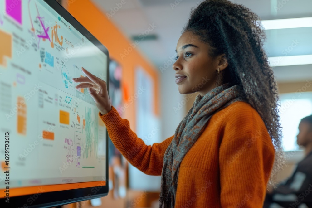 Aufkleber a young woman interacts with a large touchscreen display showing charts and graphs, analyzing data a