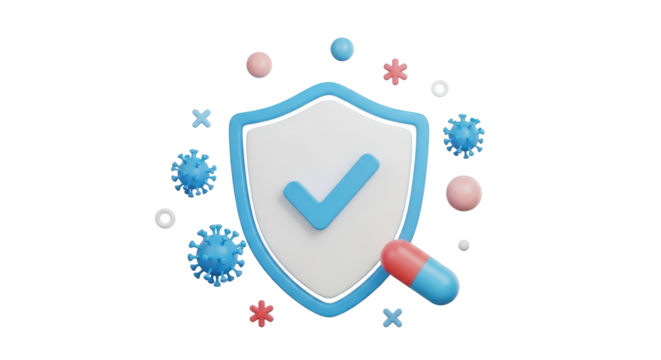 Isolated healthcare protection from virus, shield with checkmark and pill medication render