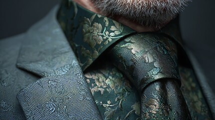 Close up of a man wearing a patterned suit jacket and tie with a floral design and gray beard visible