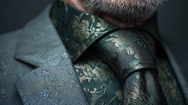 Close up of a man wearing a patterned suit jacket and tie with a floral design and gray beard visible