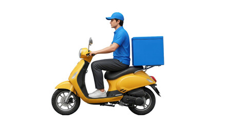 Isolated food delivery man on yellow scooter wearing blue delivering food with a blue container © Ryan