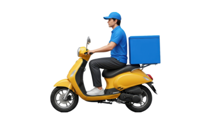 Isolated food delivery man on yellow scooter wearing blue delivering food with a blue container