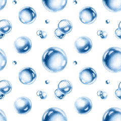 Seamless pattern of delicate air bubbles float in a serene aquatic dance,captured in soft blue watercolor monochrome.For ocean-inspired projects.Hand drawn illustration for aquatic template