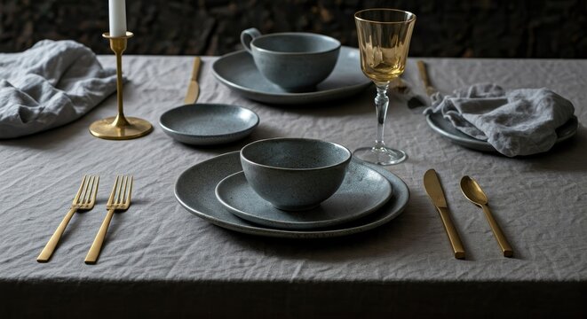Grayware dinnerware set on linen tablecloth