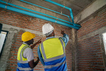 Construction workers inspect plumbing system in new building project near urban area