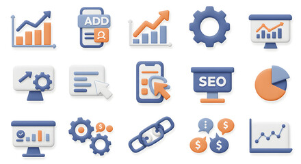 Modern 3D business icon set for digital marketing, SEO strategy, data analysis, and financial growth concepts