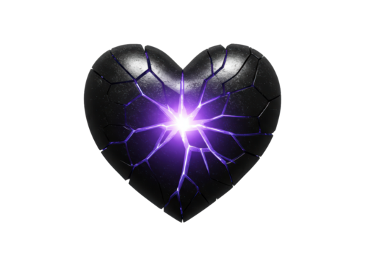 Isolated cracked heart with purple light effect for romance, broken heart, or Valentine's Day