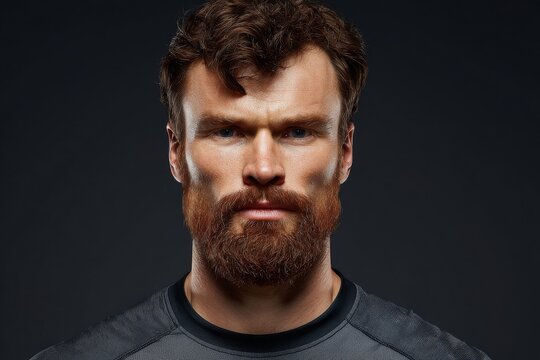 A man with distinctive red hair and a beard is set against a dark background, highlighting his notable features and expression