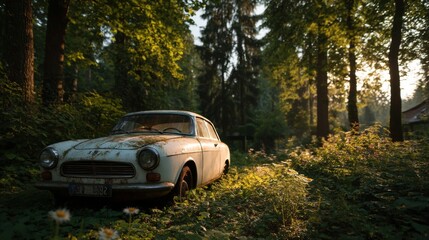 Abandoned vintage car resting in serene forest during golden hour
