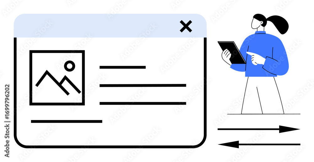 Poster woman with tablet interacts with browser interface displaying text and image placeholder. ideal for 
