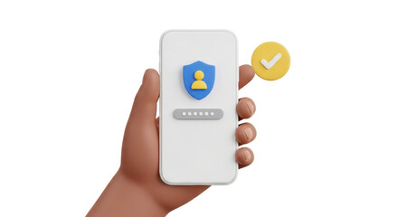 Isolated smart phone in hand showing secure login success and a safety checkmark indicator