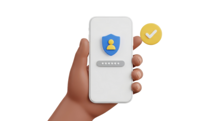 Isolated smart phone in hand showing secure login success and a safety checkmark indicator
