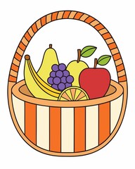 A Cheerful Fruit Basket Overflowing with Nature's Bounty Depicted in a Whimsical and Colorful Cartoon Style Illustration