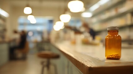 Close-up of a pharmaceutical bottle with yellow pills on a pharmacy counter, softly blurred background.