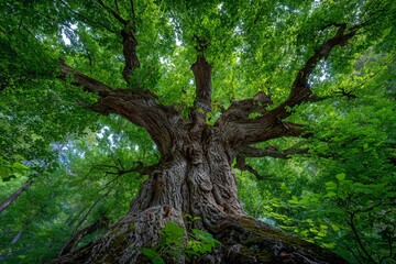 Fototapeta premium A stunning tree with expansive branches is captured from a low angle, highlighting the splendor of nature and the radiant green leaves lit up by sunlight shining through