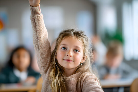A young girl with blonde hair raising her hand in a classroom with other students blurred background