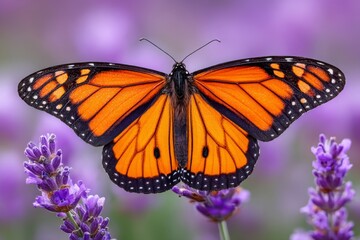Obraz premium A stunning picture features a monarch butterfly perched elegantly on a slender purple flower, set against a softly focused green backdrop that accentuates its bright hues