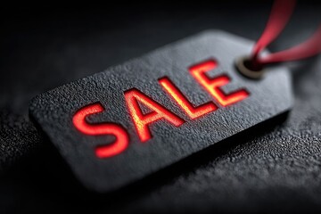 Sale text label with bright, glowing red letters on a smooth black label, marketing symbolizing discounts and promotions. Seasonal sales for Black Friday or Cyber Monday