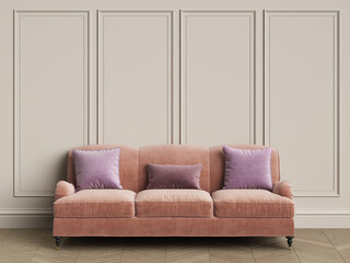 Classic pink sofa in classic interior with copy space