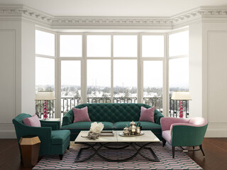 Classic interior room with moulding,ornated cornice and big window.Sofa and chairs in green colors,sidetables with lamps,table with decor