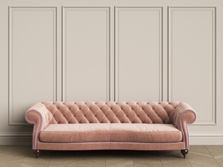 Tufted pink sofa in classic interior with copy space