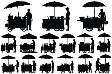 Naklejka premium Silhouette street food vendors with carts and umbrellas