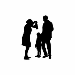 Silhouette of parents assisting child with science experiment isolated on white background