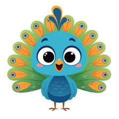 Delightful Peacock Character Illustration Full of Joy A Whimsical Cartoon Bird with Vibrant Feathers and an Expressive Face