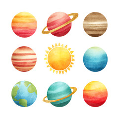 A colorful illustration of the solar system's planets and sun setting.
